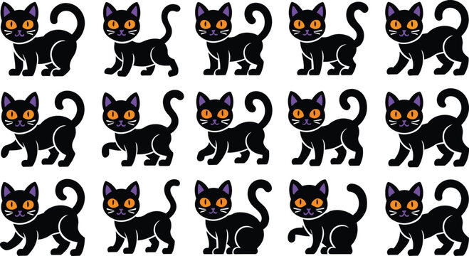 Seamless pattern of black cats with orange eyes for halloween designs