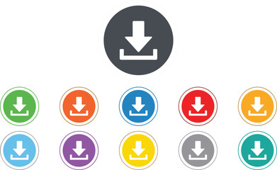 Fototapeta premium Minimalist download button icon set with colorful circular arrow symbols for website interface navigation and data saving.