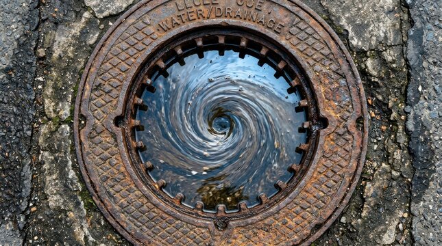 A swirling vortex of water inside a rusty circular metal storm drain cover