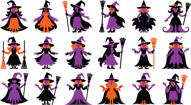 Halloween witch silhouettes in various poses and colors