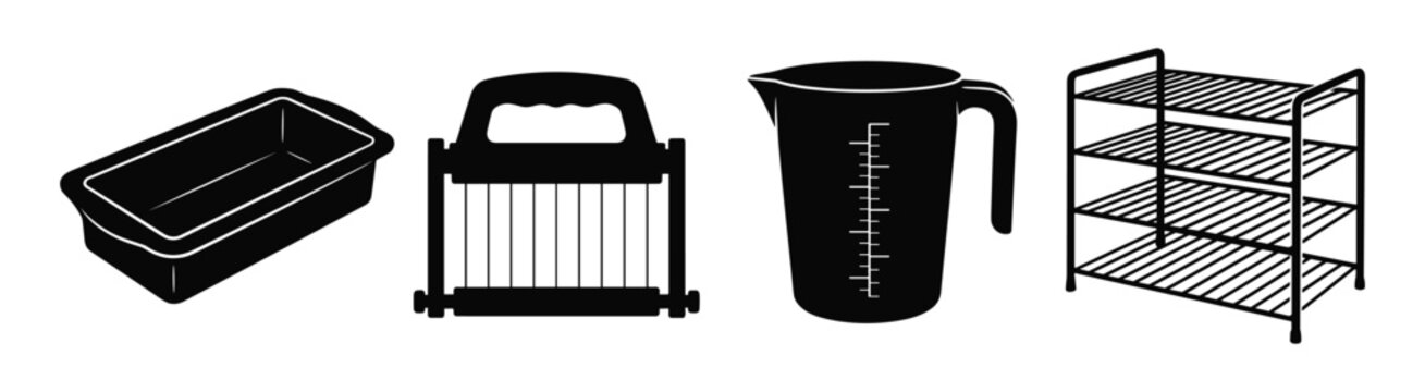 Kitchen gadgets for bread preparation including measuring cups and cooling racks for baking.