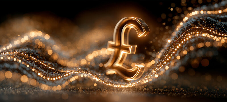 Golden Pound Symbol Amidst Sparkling Waves: A gleaming golden pound sterling symbol ($) sits prominently at the center of a dark, abstract background.