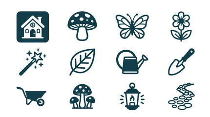Vector icon set collection containing garden and fairytale elements including house, mushroom, butterfly, flower, magic wand, leaf, watering can, trowel, wheelbarrow, lantern, and stone path. © Latifatul
