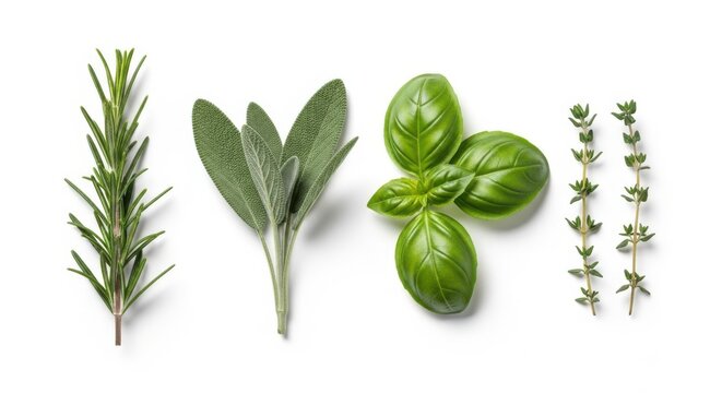 Fresh rosemary sage basil and thyme herb sprigs for cooking and kitchen seasoning