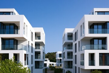Fototapeta premium Modern white minimalist apartment buildings with glass balconies under a clear blue sky