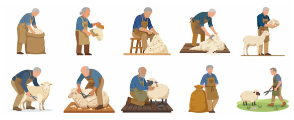 Set of illustrations depicting the process of sheep shearing and wool production by elderly male farmers, including carding and packing fleece into sacks. © cantik