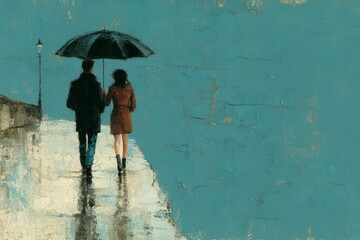 Obraz premium Couple walking in rain with umbrella, textured painting