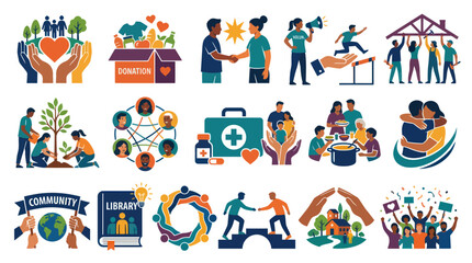 Naklejka premium Modern Flat Vector Icons: Community Support, Social Issues, Charity, Volunteering and Development Concepts
