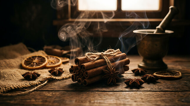 Warm aromatic cinnamon sticks and spices on rustic wooden table