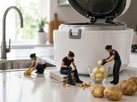 Peque&ntilde;as figuras trabajando en la cocina pelando papas al lado de una olla arrocera y un fregadero en un ambiente dom&eacute;stico