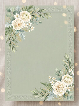 Minimalist green watercolor wedding frame with cream roses and gold