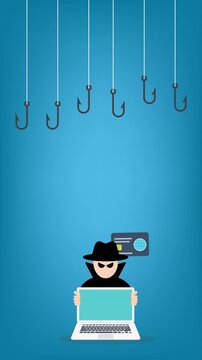 Hacker with laptop computer stealing confidential data, personal information and credit card detail. Hacking concept.	