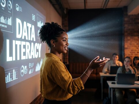 Young woman in mustard blouse presenting data literacy concept to students in a dark modern classroom