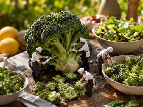 Un grupo de cocineros peque&ntilde;os prepara br&oacute;coli en una mesa con diferentes ingredientes y ensaladas