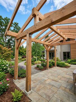 Wooden Pergola and Patio in a Beautifully Landscaped Garden.