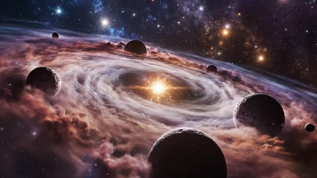 Swirling Protoplanetary Disk With Planets, Glowing Central Star And Dusty Spiral Clouds Orbiting Planetoids In Foreground, Pastel Nebula Backdrop, Tranquil Majestic Atmosphere And Sense Of Cosmic