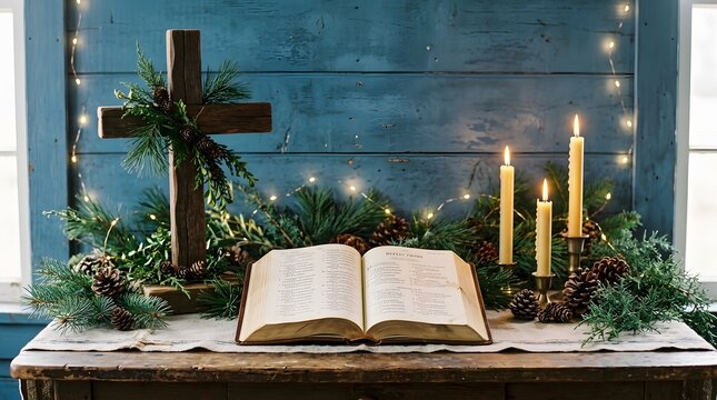 Rustic christmas altar with open bible wooden cross and candles