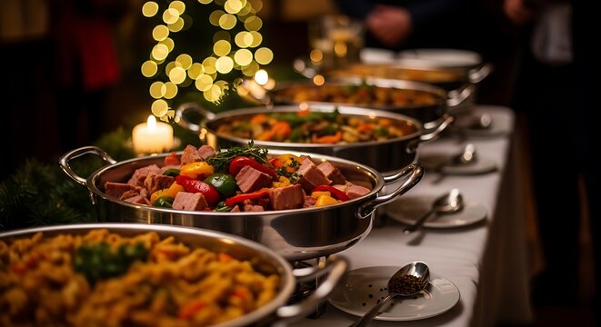 Delicious gourmet holiday buffet featuring large silver chafing dishes filled with roasted ham and colorful bell peppers arranged neatly on a white banquet table during a festive evening dinner party.