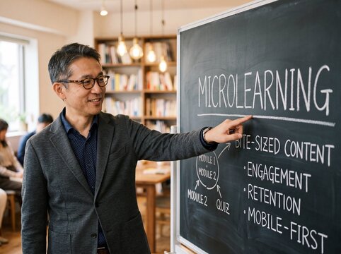 Middle aged Asian man with glasses pointing at chalkboard explaining microlearning concept in seminar room