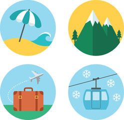 Fototapeta premium Travel and Vacation Flat Icon Set Featuring Beach Mountain Adventure Luggage Airplane and Ski Gondola Circular Vector Illustrations