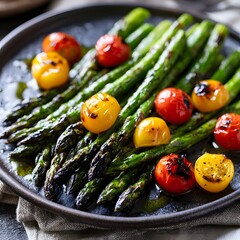 Fototapeta premium Grilled asparagus with charred heirloom cherry tomatoes on plate