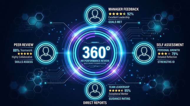 360 peer worker evaluation for performance review with man and woman 