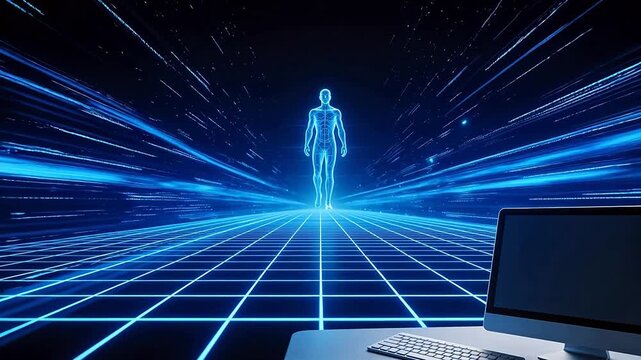 Human figure in digital grid environment