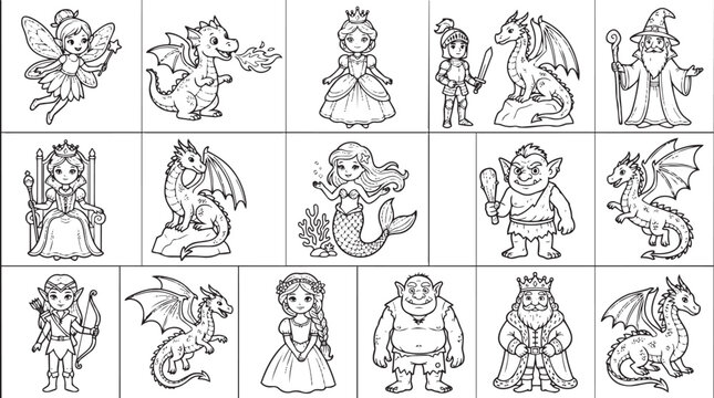 Fairy Tale Coloring Page Featuring Fantasy Characters and Dragons