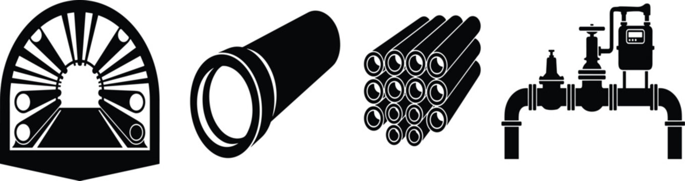 Industrial pipeline engineering icon set with microtunneling pipe stack and gas meter valve vectors