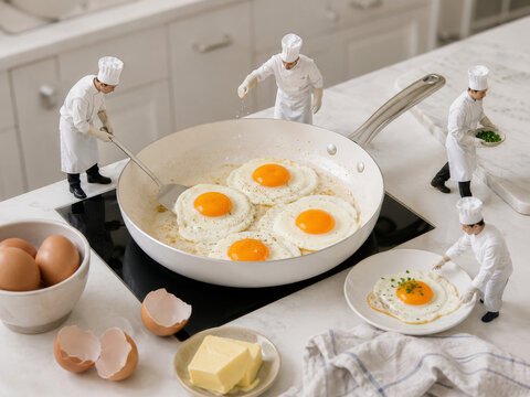 Peque&ntilde;os chefs cocinando huevos en una cocina moderna con utensilios y ingredientes visibles