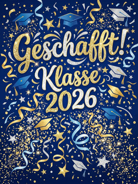 Celebratory german graduation card design "geschafft! klasse 2026" with gold caps and confetti for congratulation greeting card and festive banner background