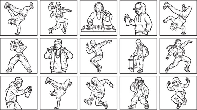 Hip hop culture elements collection with dancers and street performers
