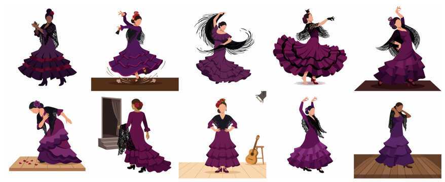 Collection of flamenco dancers in elegant purple dresses performing traditional Spanish dance on stage
