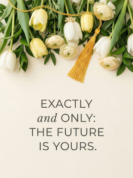 Graduation flat lay card with yellow tulips and gold tassel 2024 and inspirational quote "the future is yours" for greeting and announcement design