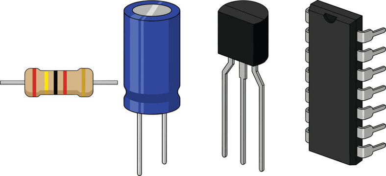 Electronic Components Vector Set Featuring Resistor Capacitor Transistor and Integrated Circuit Chip Isolated on White Background for Electronics Design
