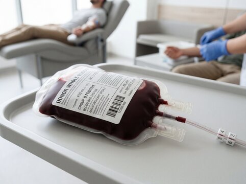 Close-up of a blood donation bag with infographic elements illustrating the donation process in a healthcare setting. Bright and clean lighting enhances the visual appeal