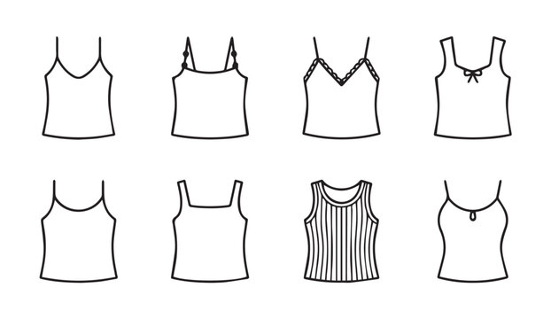 Various Tank Top Styles in Simple Line Drawing Vector Illustration Isolated on White