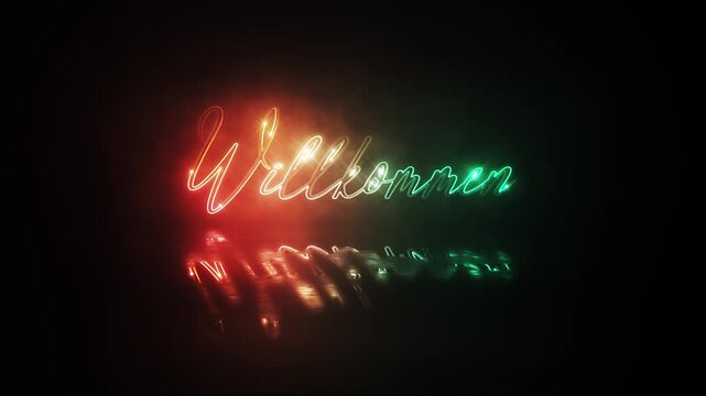 Animation text of Welcome German language laser neon glitch text effect cinematic title on black abstract backgroud. 
