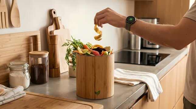 Hand placing food scraps into wooden kitchen compost bin.