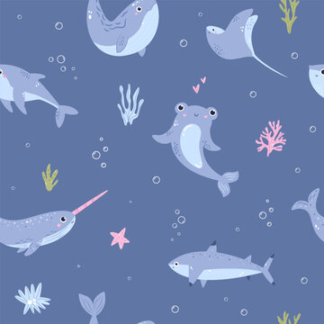 Cute seamless pattern with hammerhead shark, shark, whale and narwhal on blue background