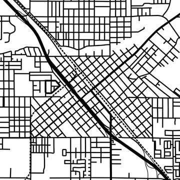 Symbol Map of the City Madera (California, USA) showing the city center with a simple road network of black lines