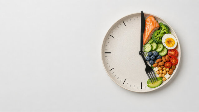 Intermittent fasting concept featuring a clock-shaped plate filled with salmon, vegetables, egg, nuts, berries and other healthy foods on a light background with copy space.