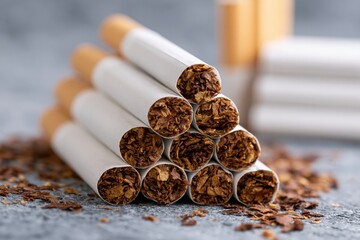Naklejka premium The Cigarettes Pyramid Closeup of Cigarettes and Loose Tobacco Spills