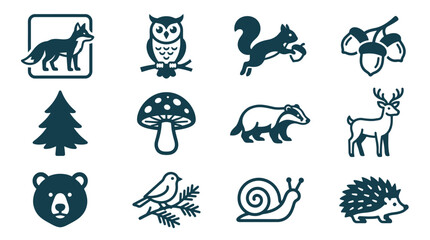 Set of twelve minimalist forest animal and nature icons including a fox, owl, squirrel, acorns, pine tree, mushroom, badger, deer, bear, bird, snail, and hedgehog in flat design. © Latifatul