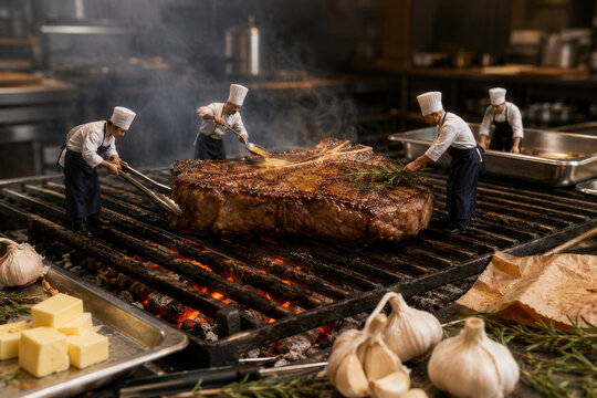 Cocineros peque&ntilde;os preparan carne en una parrilla en una cocina