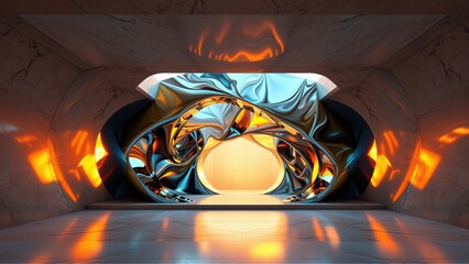 Fototapeta premium Futuristic tunnel interior. Metallic sculpture glows warmly, reflecting light. Smooth surfaces, dark ambiance, abstract design.