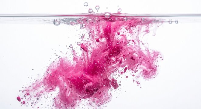 Macro vibrant pink electrolyte powder exploding slow motion clear water