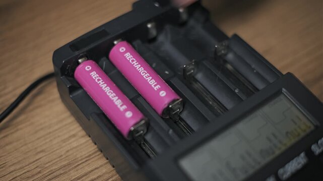 High-angle close-up of a hand removing four pink rechargeable AA batteries from a black charger. This action reveals empty slots and metal contacts on a wooden surface.