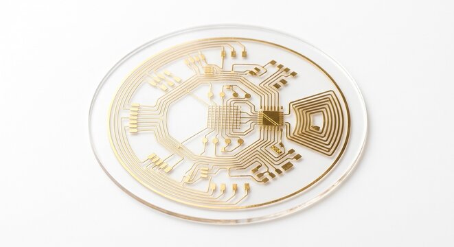 Thin transparent circular smart patch microscopic gold circuits isolated white