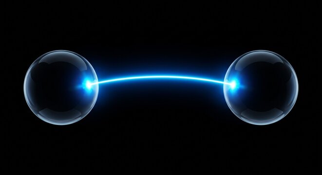 Glowing neon line instantly connecting two minimalist glass globes black